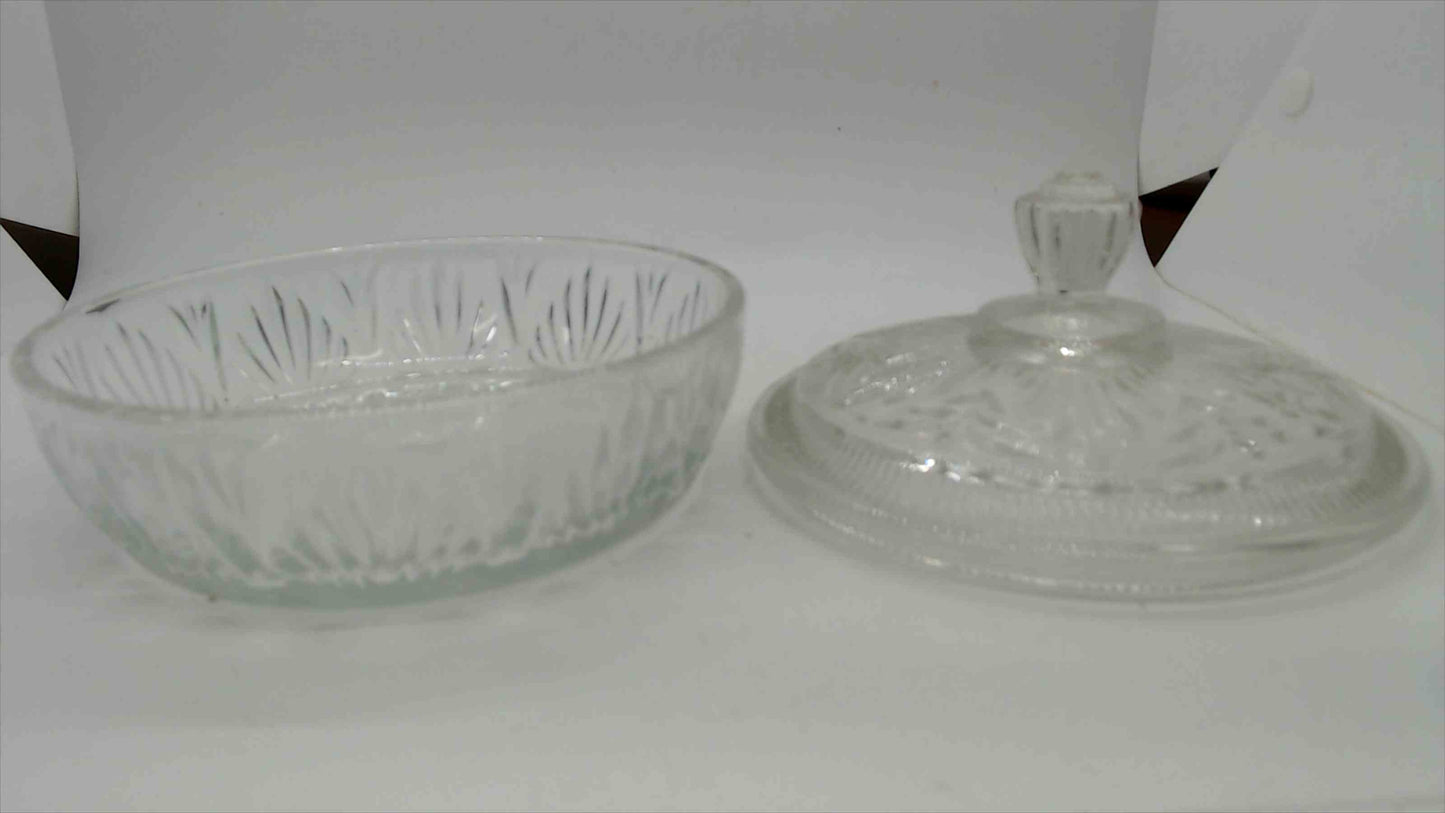 Vintage Avon Pressed Glass Covered Candy Dish with Fan and Diamond Pattern and Floral Lid