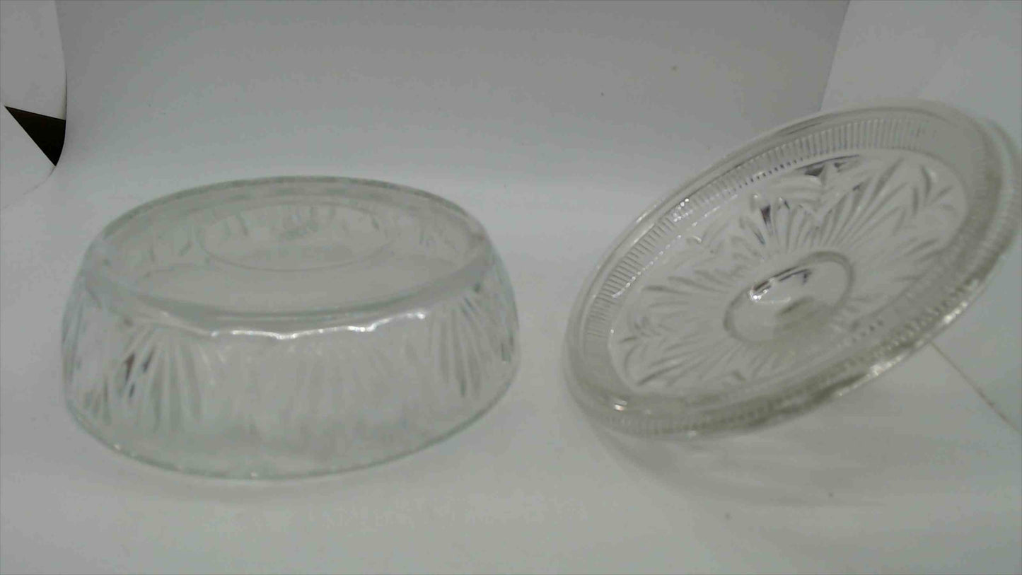 Vintage Avon Pressed Glass Covered Candy Dish with Fan and Diamond Pattern and Floral Lid