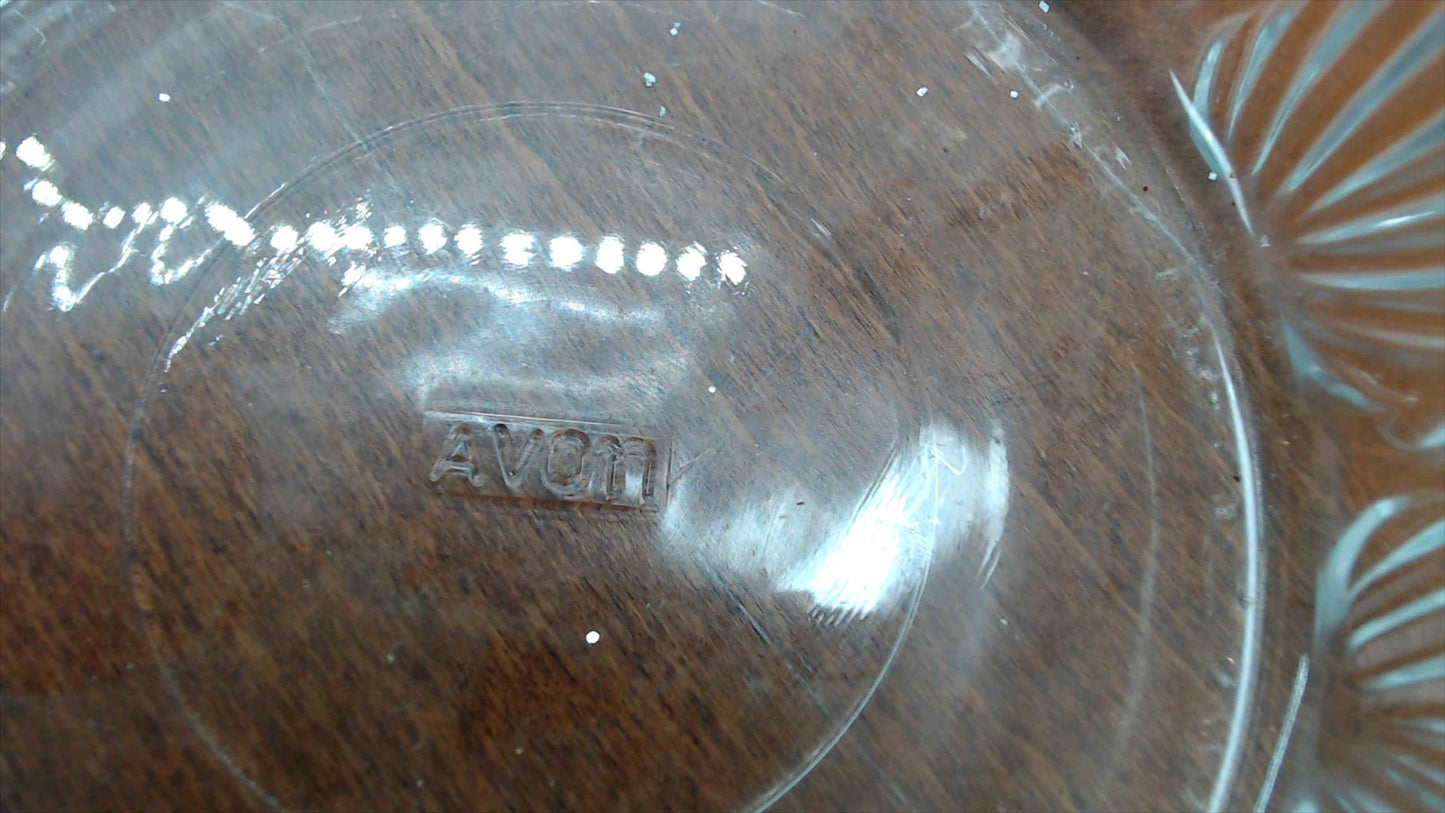 Vintage Avon Pressed Glass Covered Candy Dish with Fan and Diamond Pattern and Floral Lid