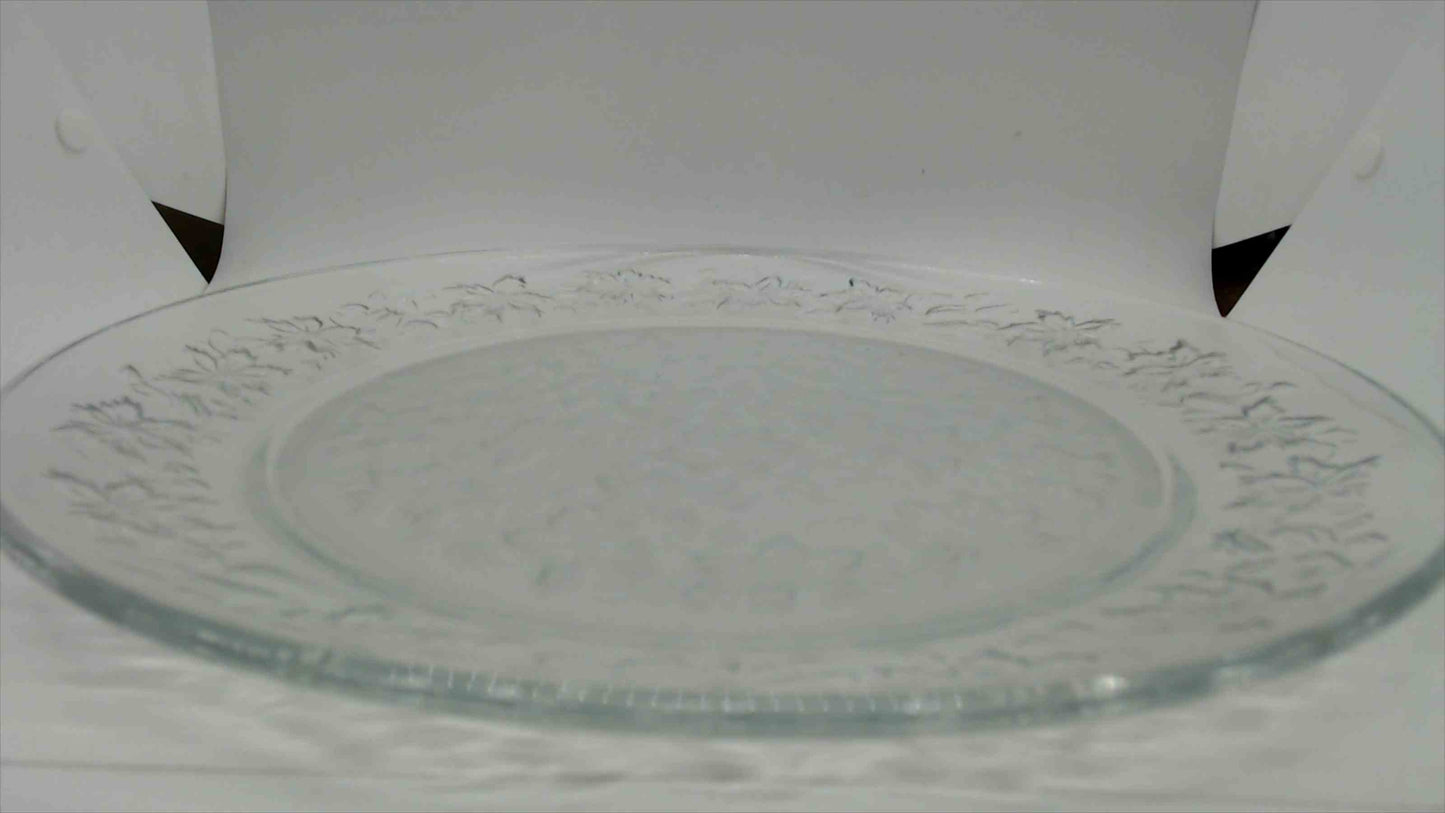 Vintage Clear Glass Large Round Serving Plate with Embossed Floral and Leaf Border