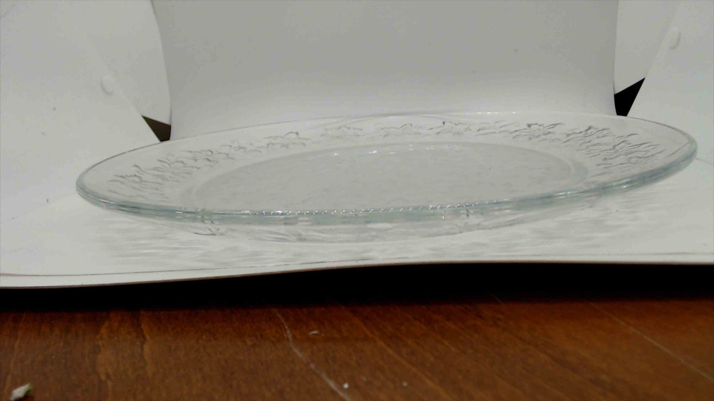 Vintage Clear Glass Large Round Serving Plate with Embossed Floral and Leaf Border