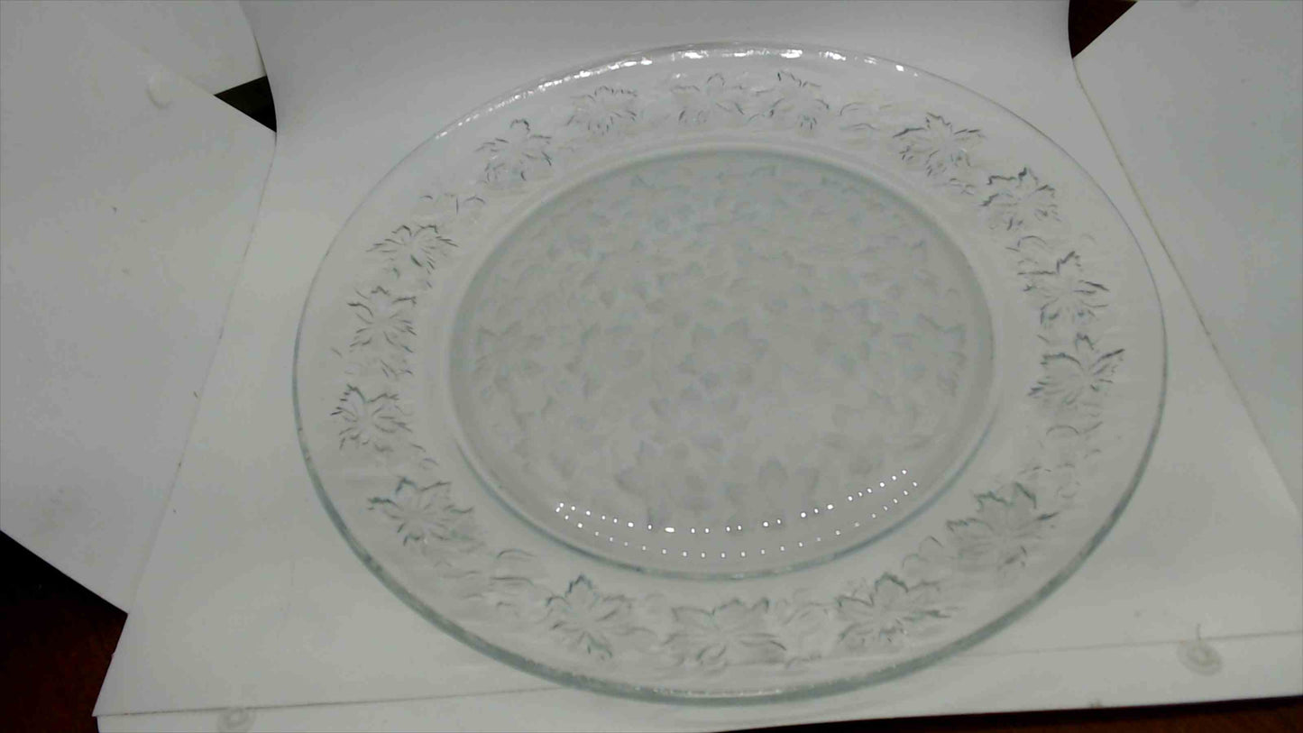 Vintage Clear Glass Large Round Serving Plate with Embossed Floral and Leaf Border
