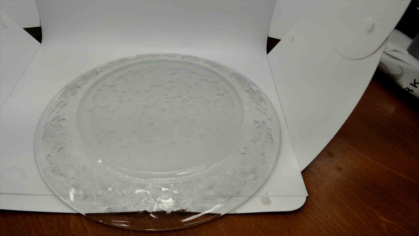 Vintage Clear Glass Large Round Serving Plate with Embossed Floral and Leaf Border