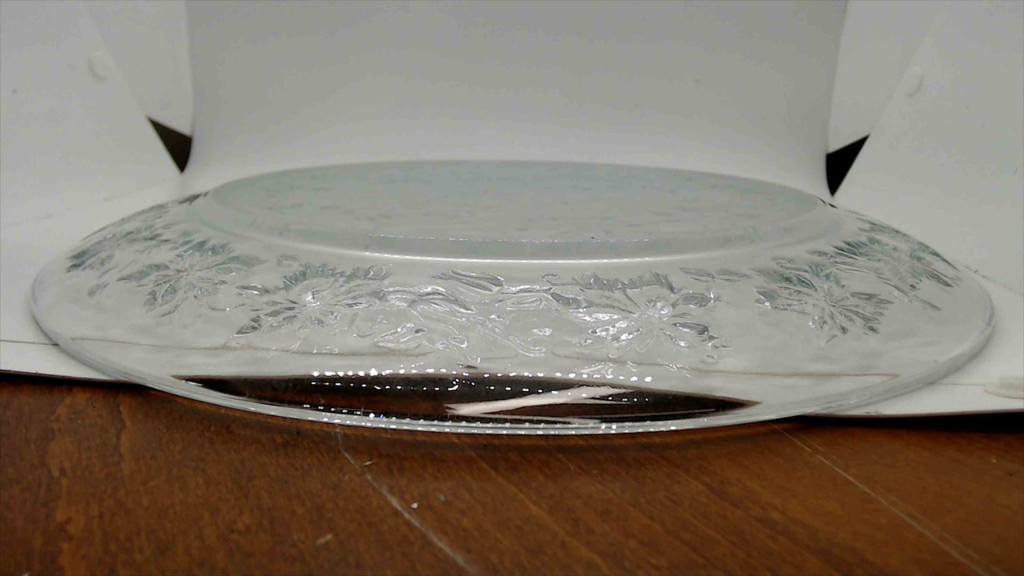 Vintage Clear Glass Large Round Serving Plate with Embossed Floral and Leaf Border