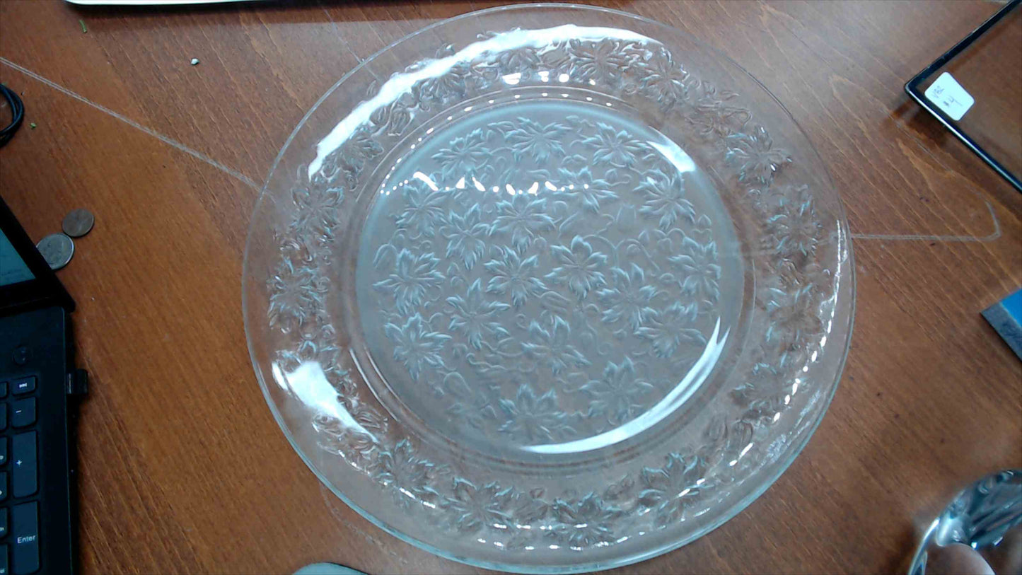 Vintage Clear Glass Large Round Serving Plate with Embossed Floral and Leaf Border