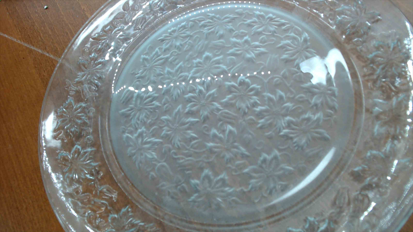 Vintage Clear Glass Large Round Serving Plate with Embossed Floral and Leaf Border