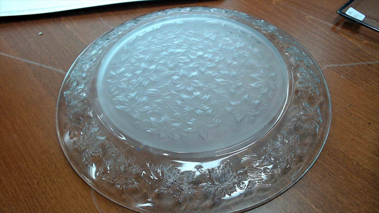 Vintage Clear Glass Large Round Serving Plate with Embossed Floral and Leaf Border