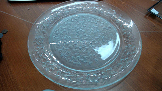 Vintage Clear Glass Large Round Serving Plate with Embossed Floral and Leaf Border