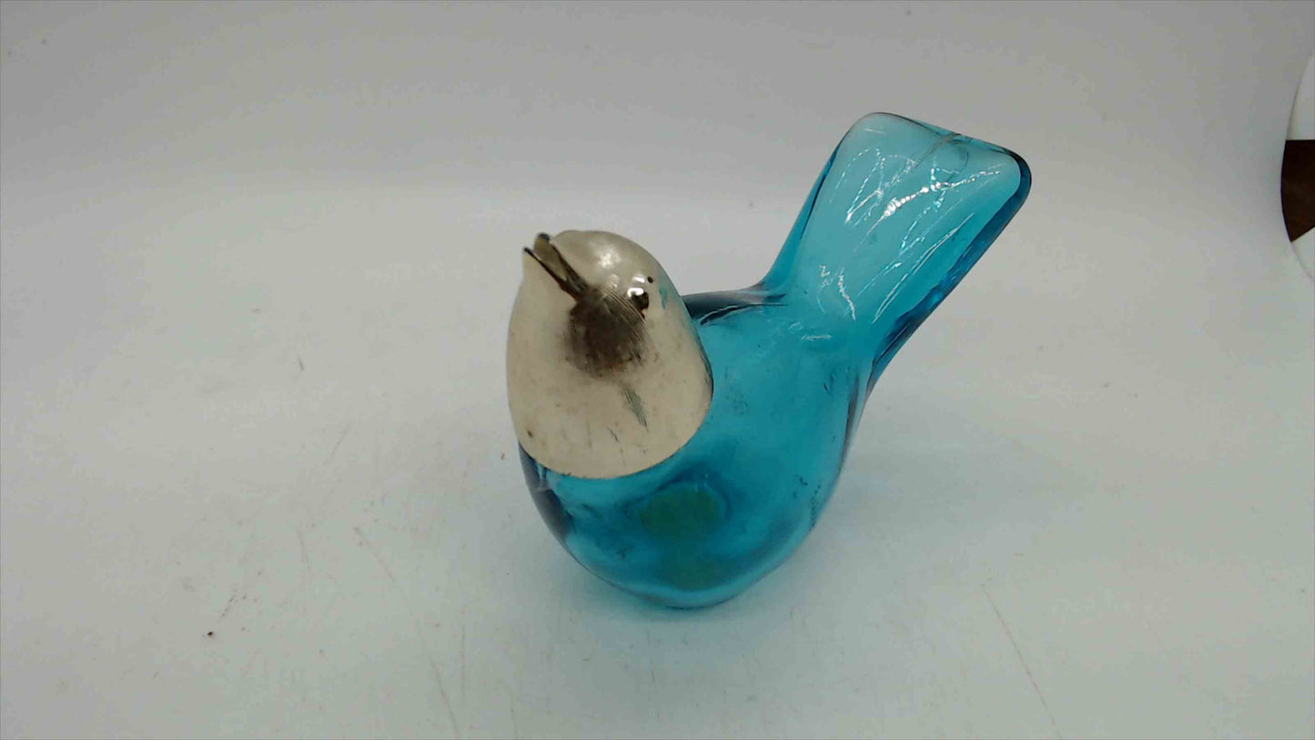 Vintage Avon Aqua Blue Glass Bird Perfume Bottle with Silver-Tone Metal Head — Empty