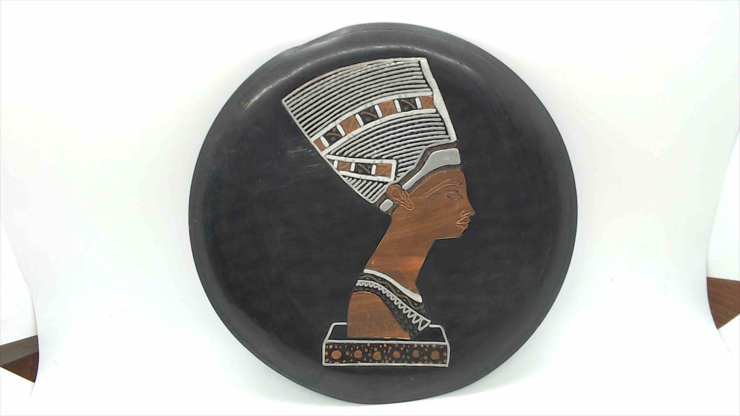 Vintage Egyptian Handcrafted Black Metal Plate with Inlaid Copper and Silver Nefertiti Portrait — Made in Egypt