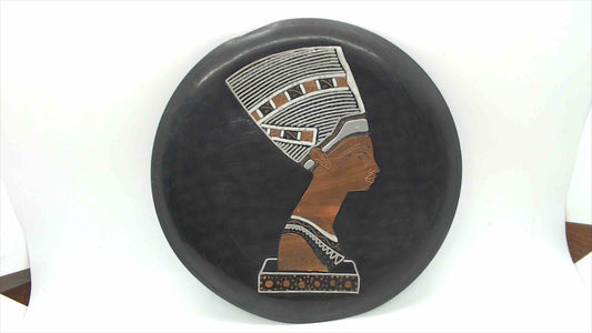 Vintage Egyptian Handcrafted Black Metal Plate with Inlaid Copper and Silver Nefertiti Portrait — Made in Egypt