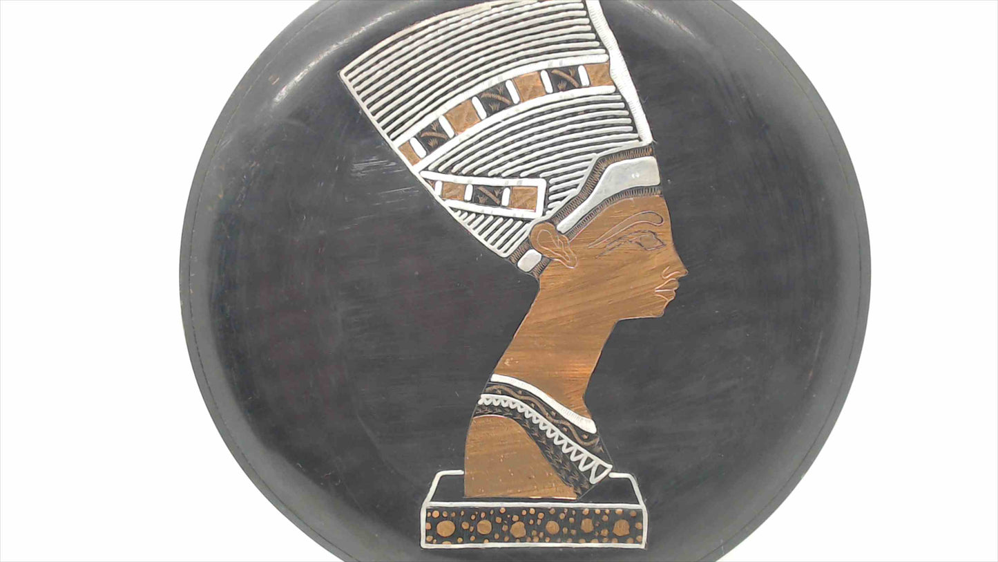 Vintage Egyptian Handcrafted Black Metal Plate with Inlaid Copper and Silver Nefertiti Portrait — Made in Egypt