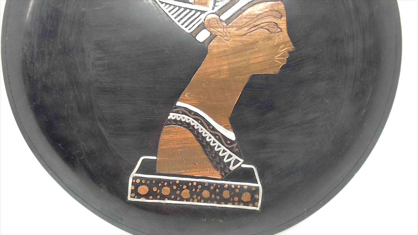 Vintage Egyptian Handcrafted Black Metal Plate with Inlaid Copper and Silver Nefertiti Portrait — Made in Egypt