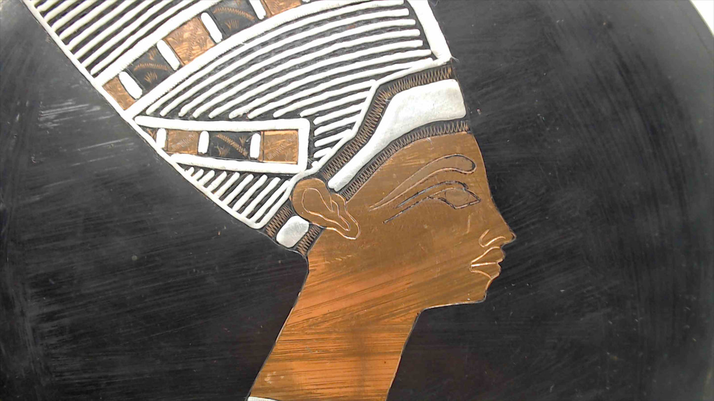 Vintage Egyptian Handcrafted Black Metal Plate with Inlaid Copper and Silver Nefertiti Portrait — Made in Egypt