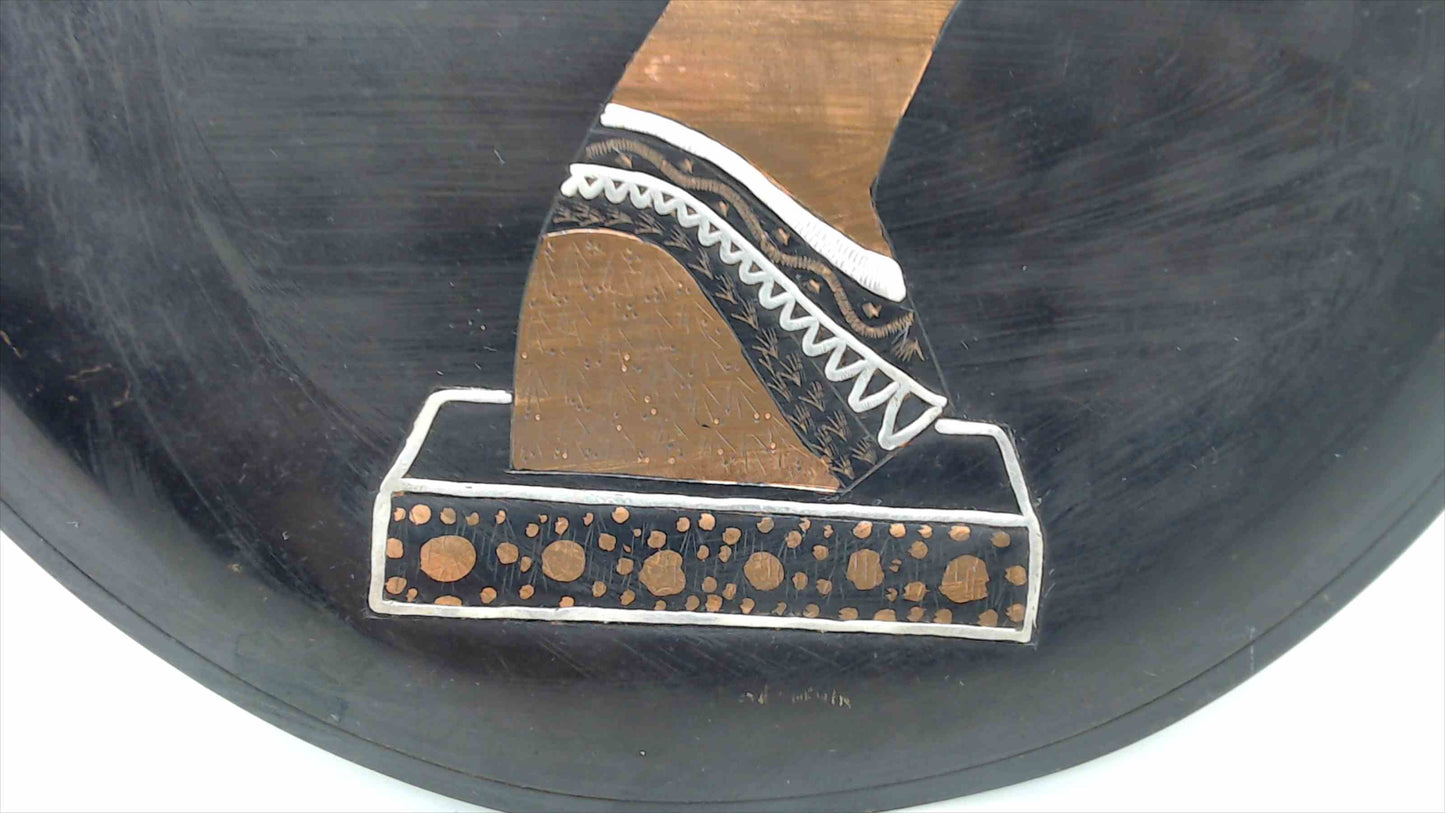 Vintage Egyptian Handcrafted Black Metal Plate with Inlaid Copper and Silver Nefertiti Portrait — Made in Egypt