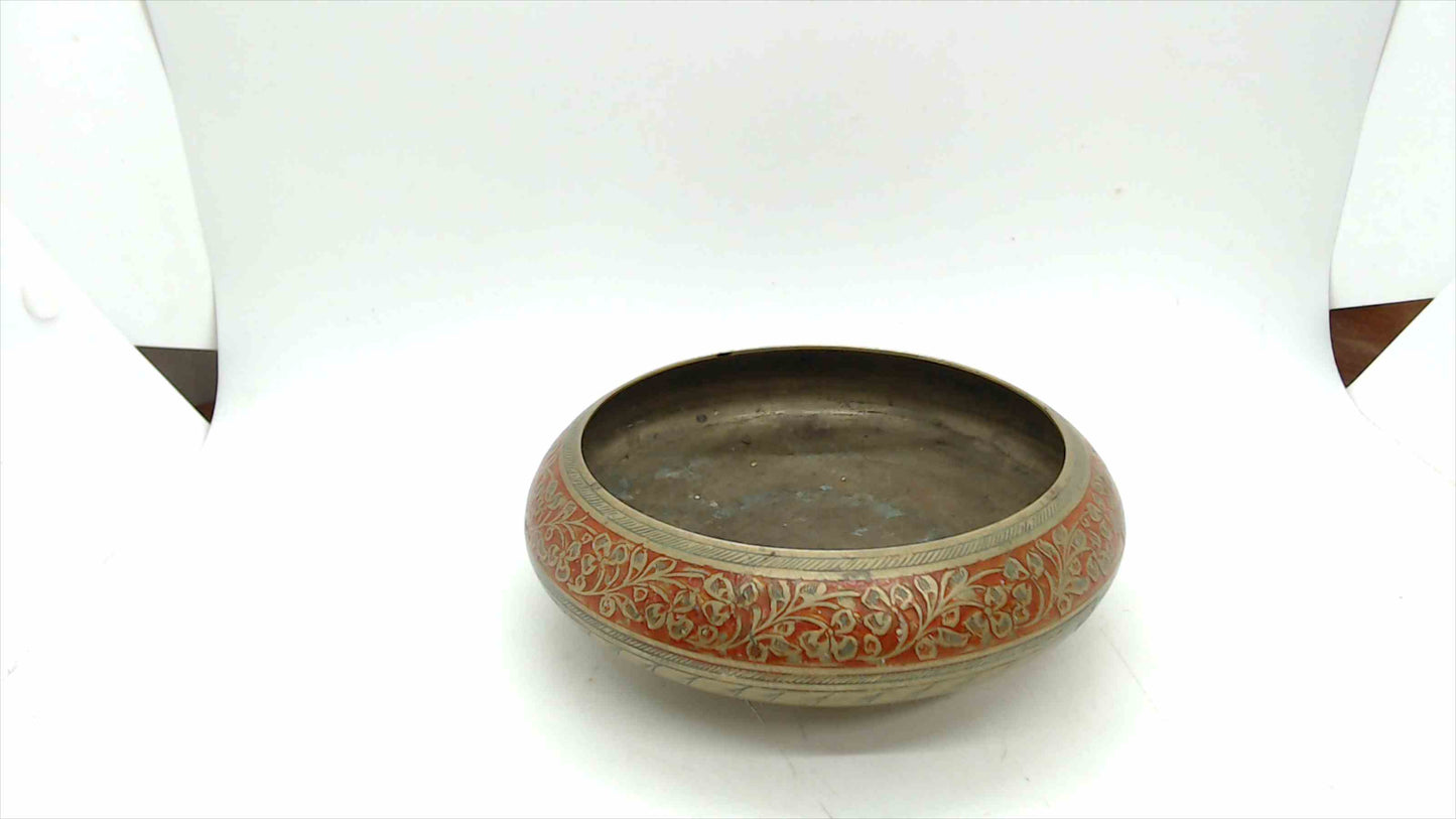 Vintage Brass Bowl with Red Enamel Floral Inlay, 6" — India