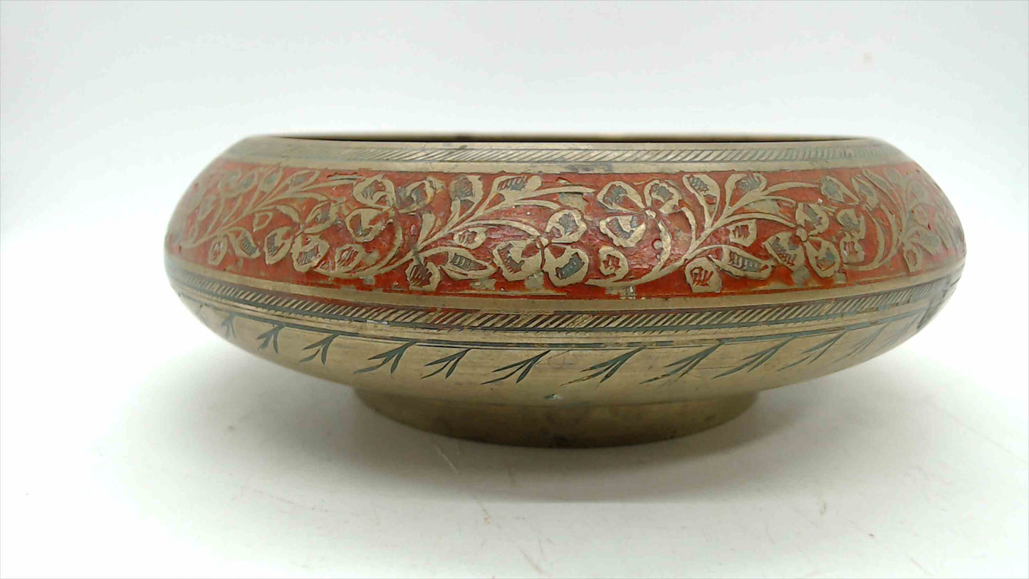 Vintage Brass Bowl with Red Enamel Floral Inlay, 6" — India