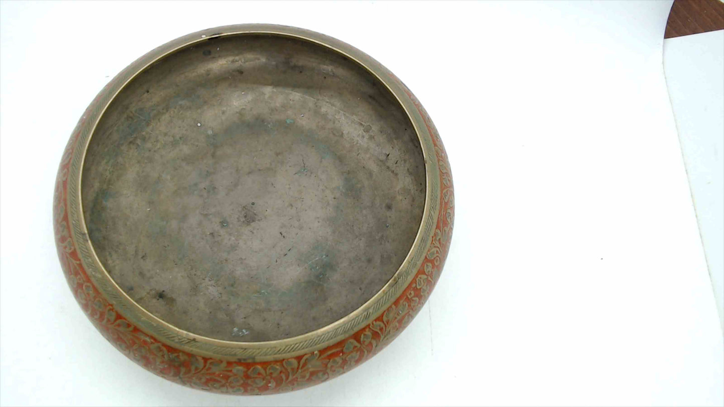 Vintage Brass Bowl with Red Enamel Floral Inlay, 6" — India