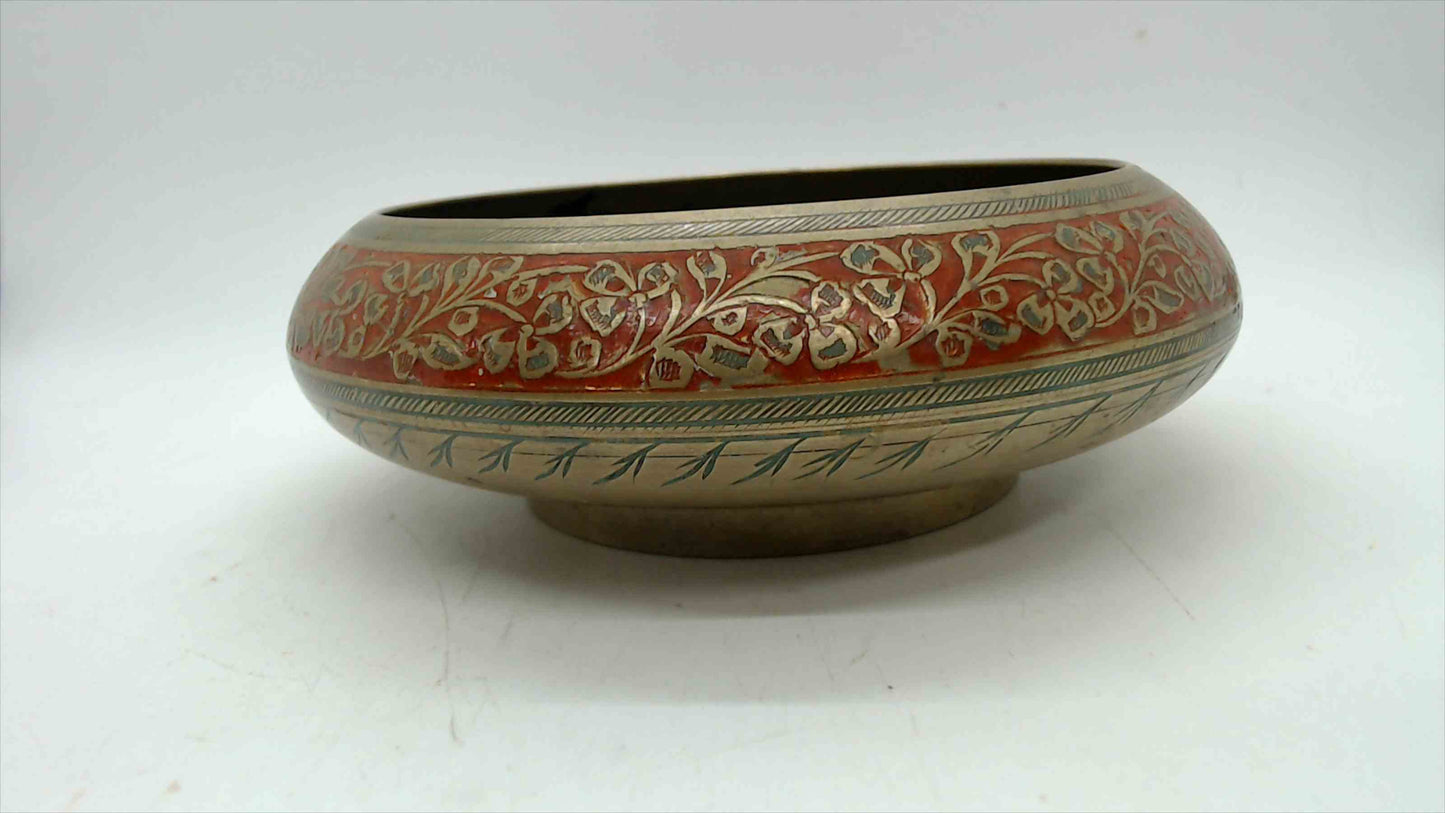 Vintage Brass Bowl with Red Enamel Floral Inlay, 6" — India