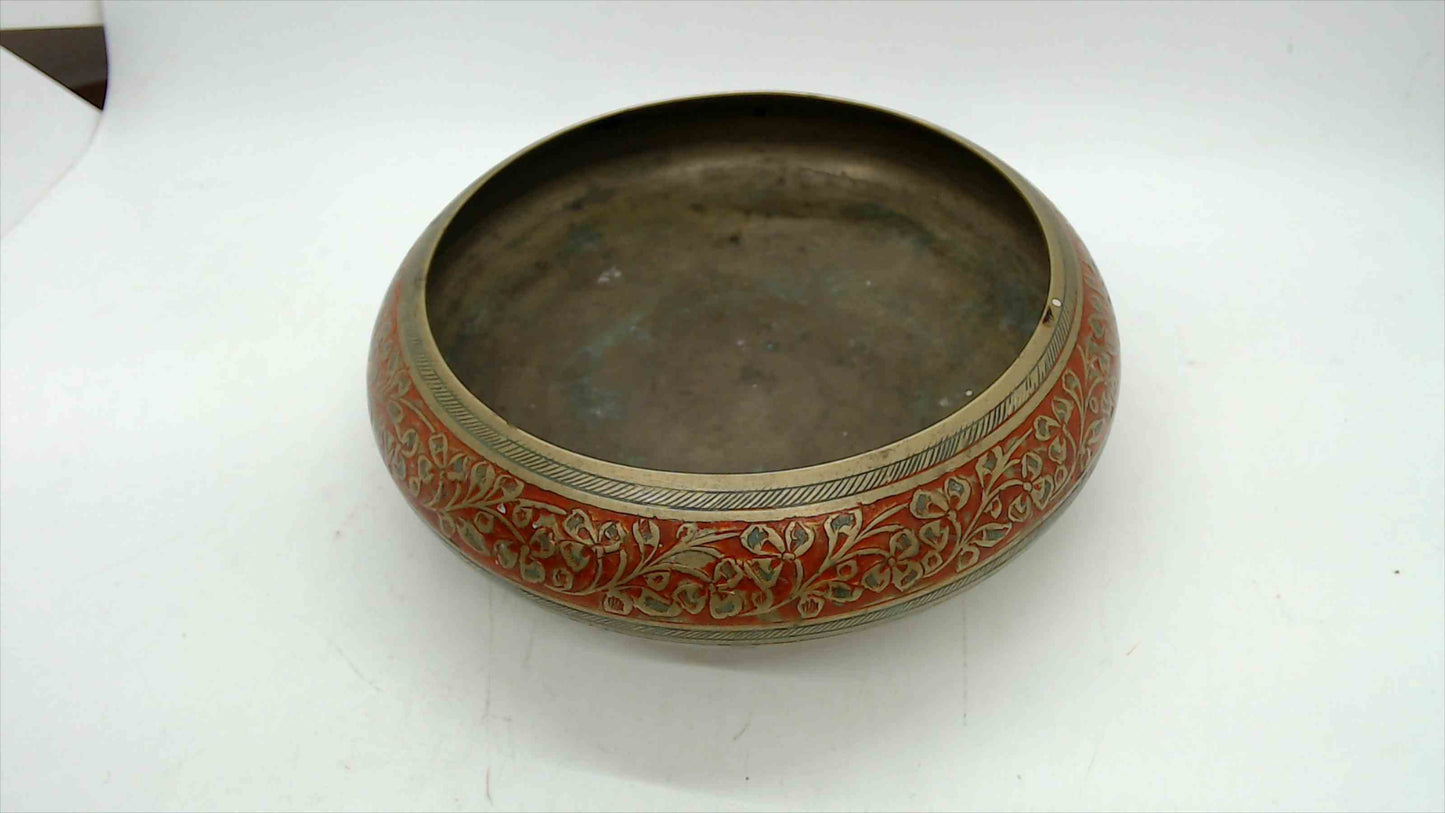Vintage Brass Bowl with Red Enamel Floral Inlay, 6" — India