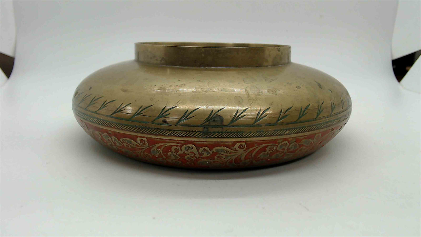Vintage Brass Bowl with Red Enamel Floral Inlay, 6" — India