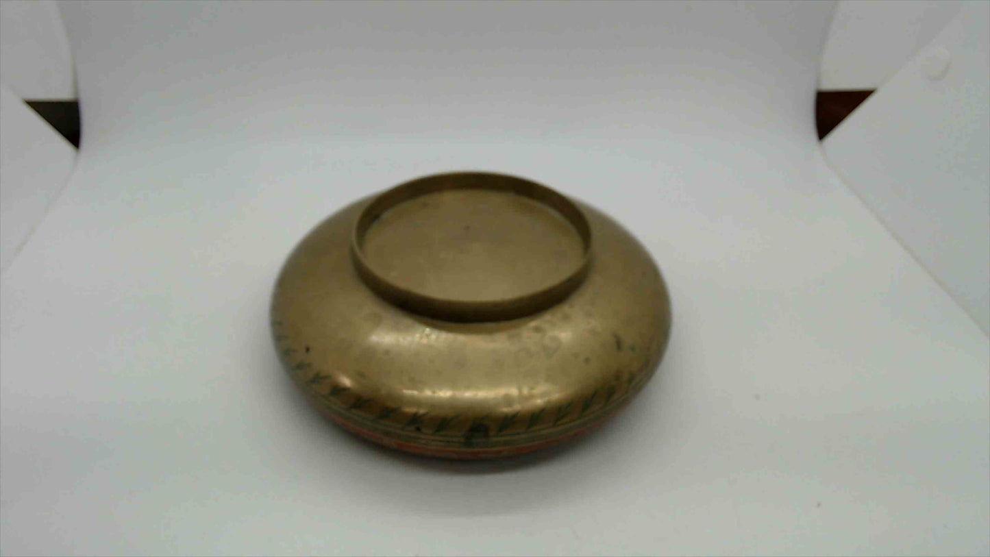 Vintage Brass Bowl with Red Enamel Floral Inlay, 6" — India