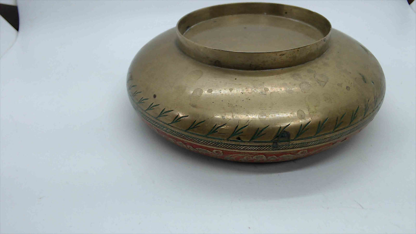 Vintage Brass Bowl with Red Enamel Floral Inlay, 6" — India