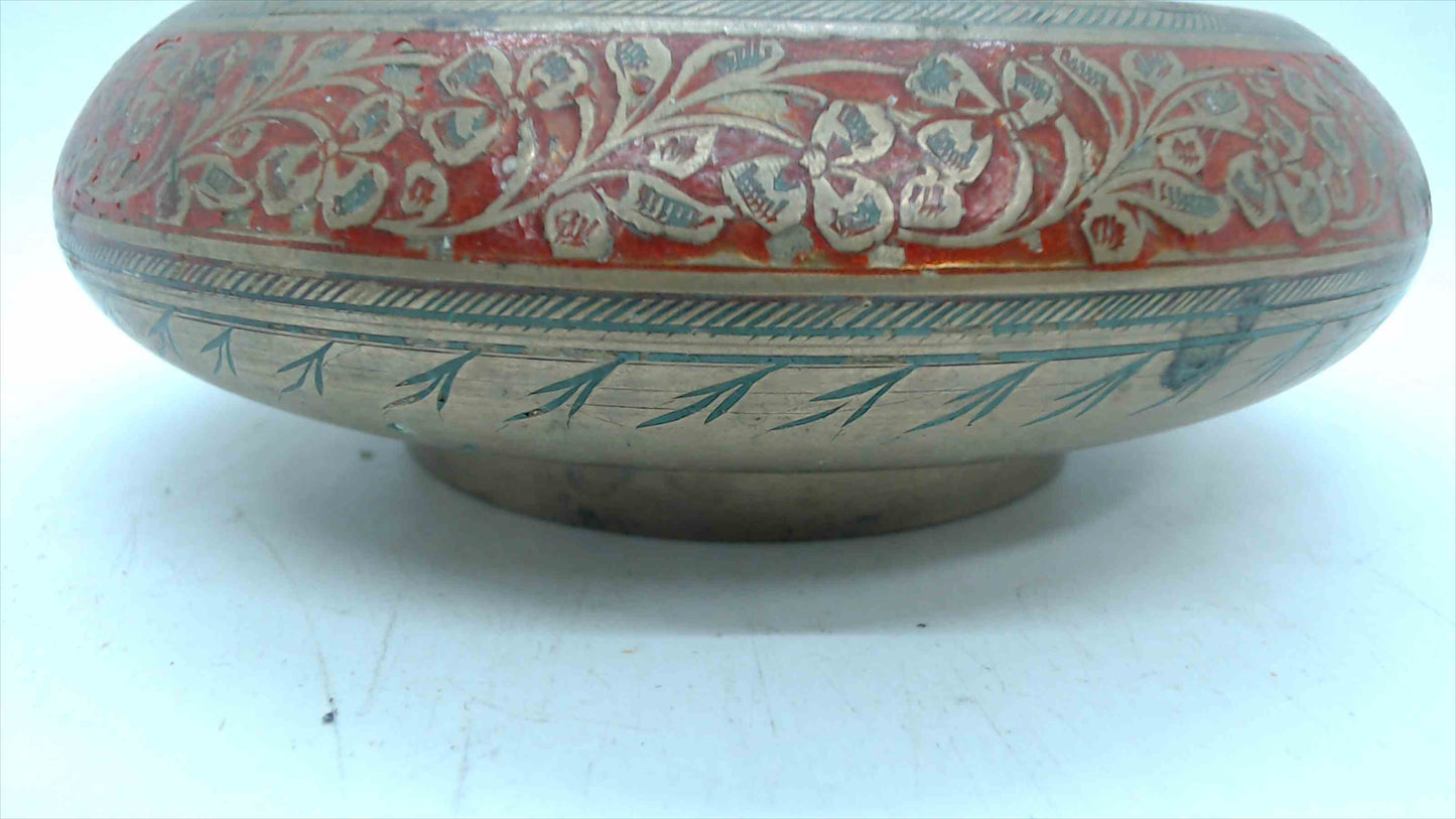 Vintage Brass Bowl with Red Enamel Floral Inlay, 6" — India