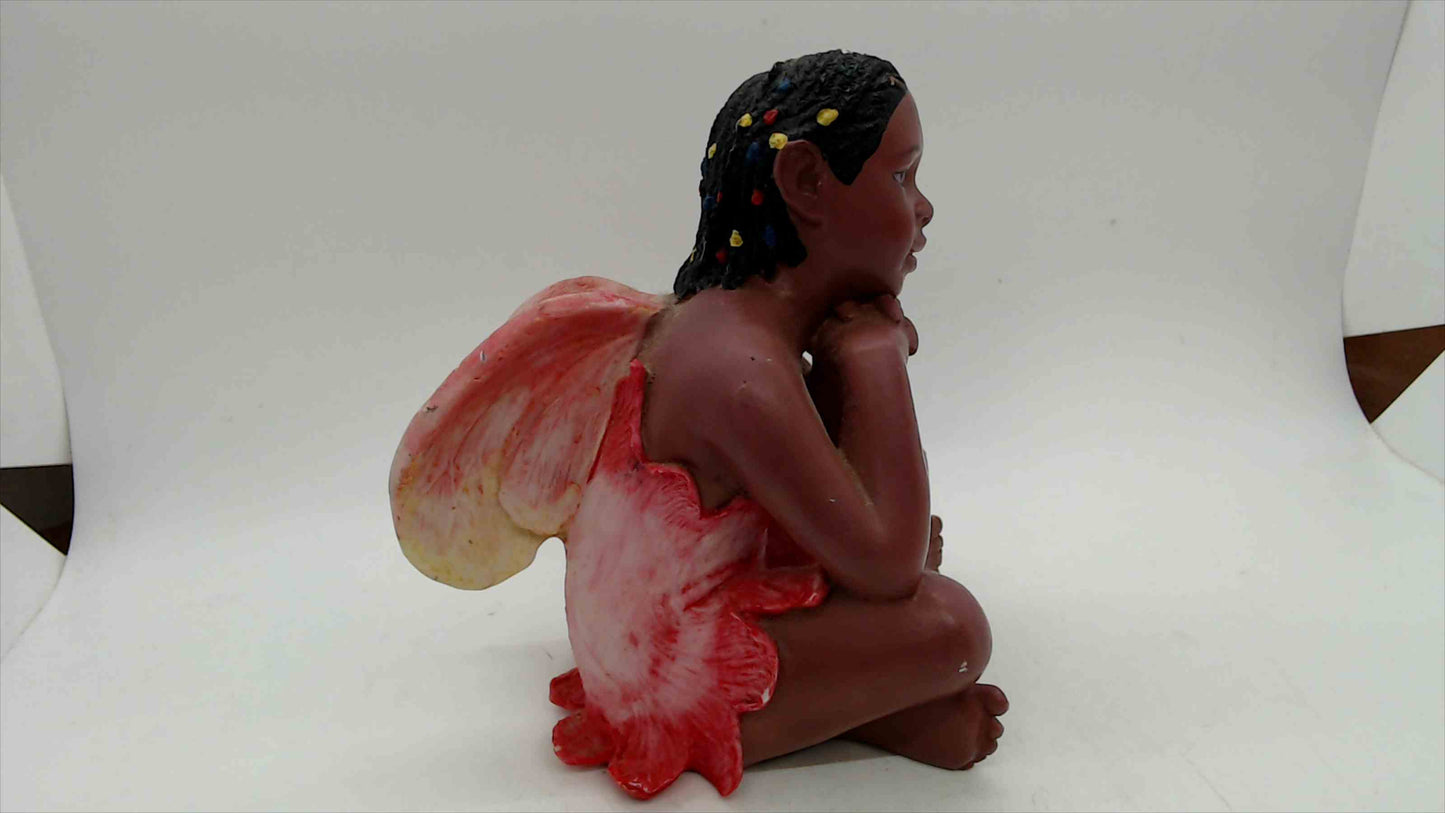 Vintage Black Fairy Figurine, Seated with Wings, 5.5" — Resin