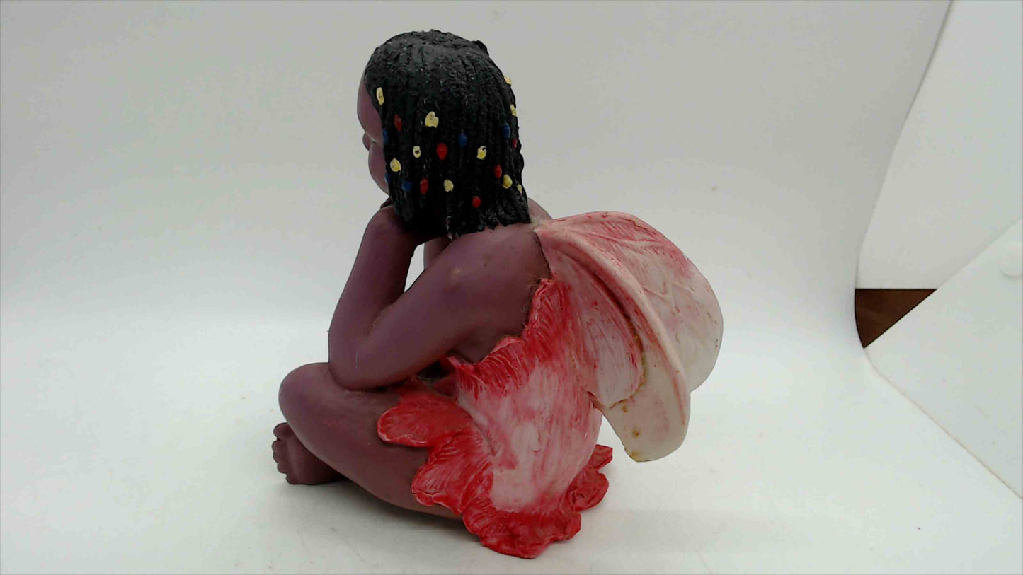 Vintage Black Fairy Figurine, Seated with Wings, 5.5" — Resin