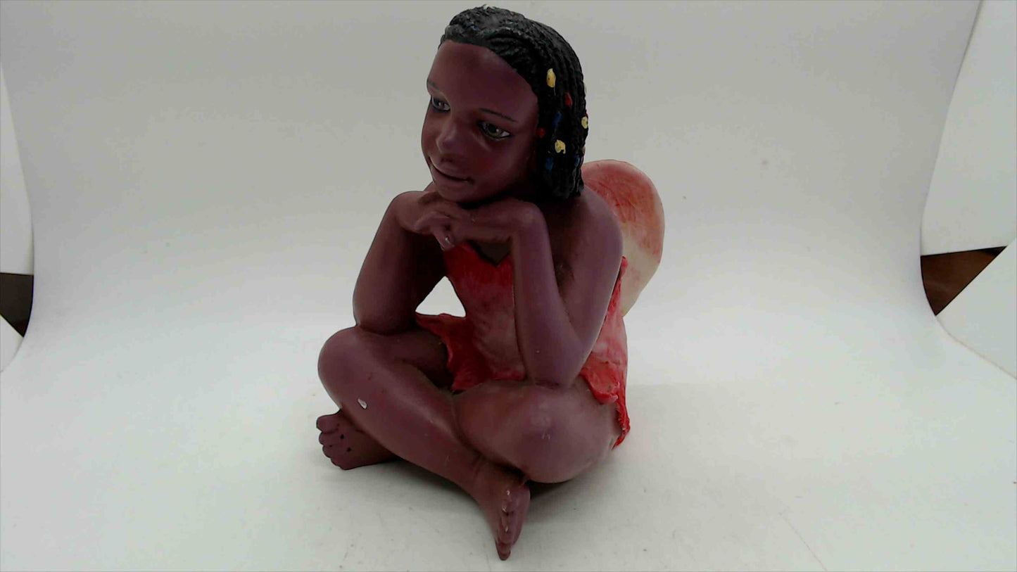 Vintage Black Fairy Figurine, Seated with Wings, 5.5" — Resin
