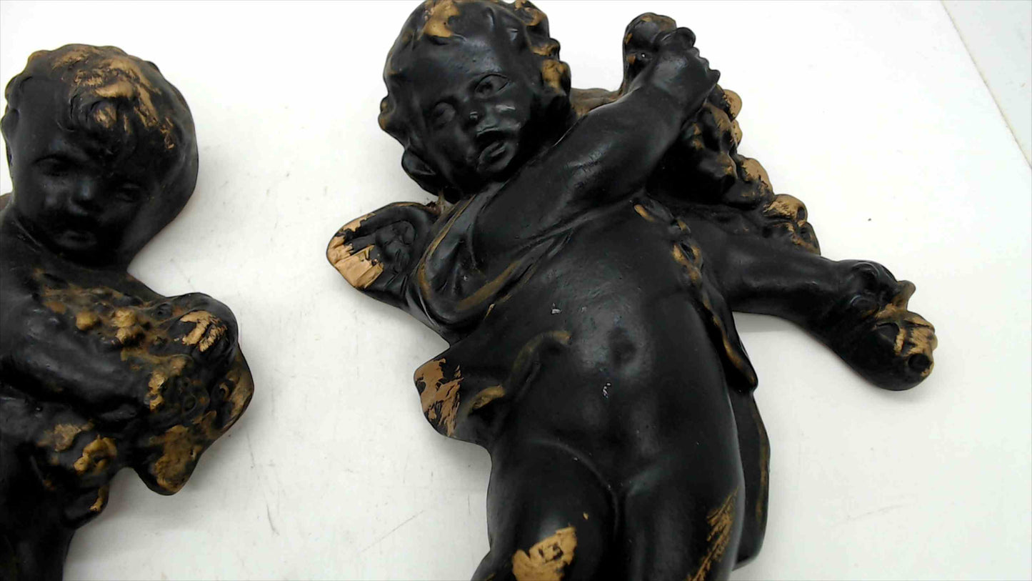 Pair of Vintage Black & Gold Cherub Putti Figurines, 7.5" — Baroque Style Resin