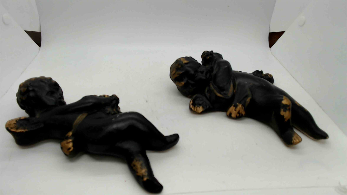 Pair of Vintage Black & Gold Cherub Putti Figurines, 7.5" — Baroque Style Resin