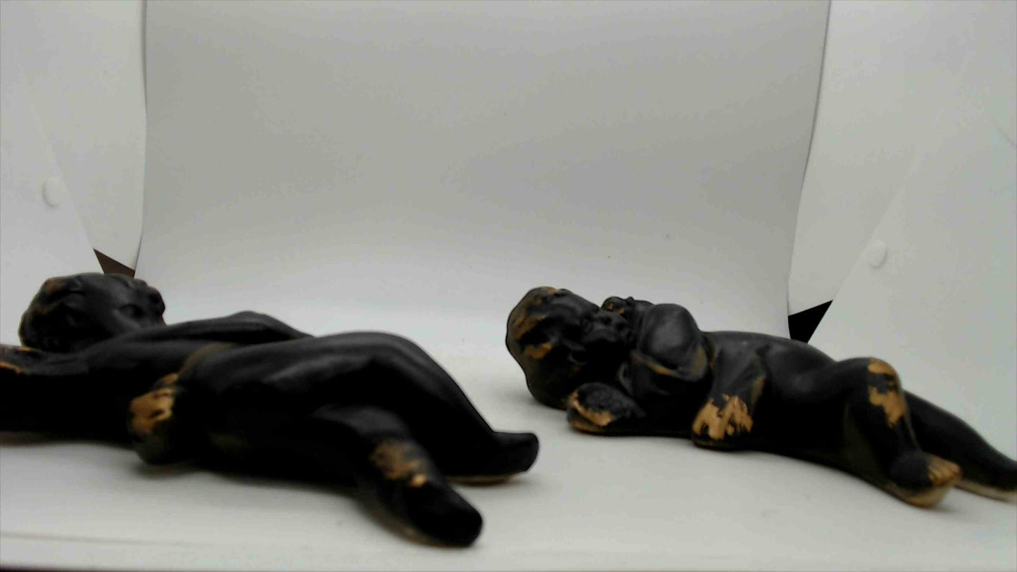 Pair of Vintage Black & Gold Cherub Putti Figurines, 7.5" — Baroque Style Resin