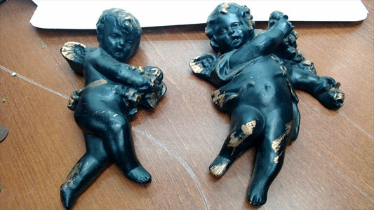 Pair of Vintage Black & Gold Cherub Putti Figurines, 7.5" — Baroque Style Resin