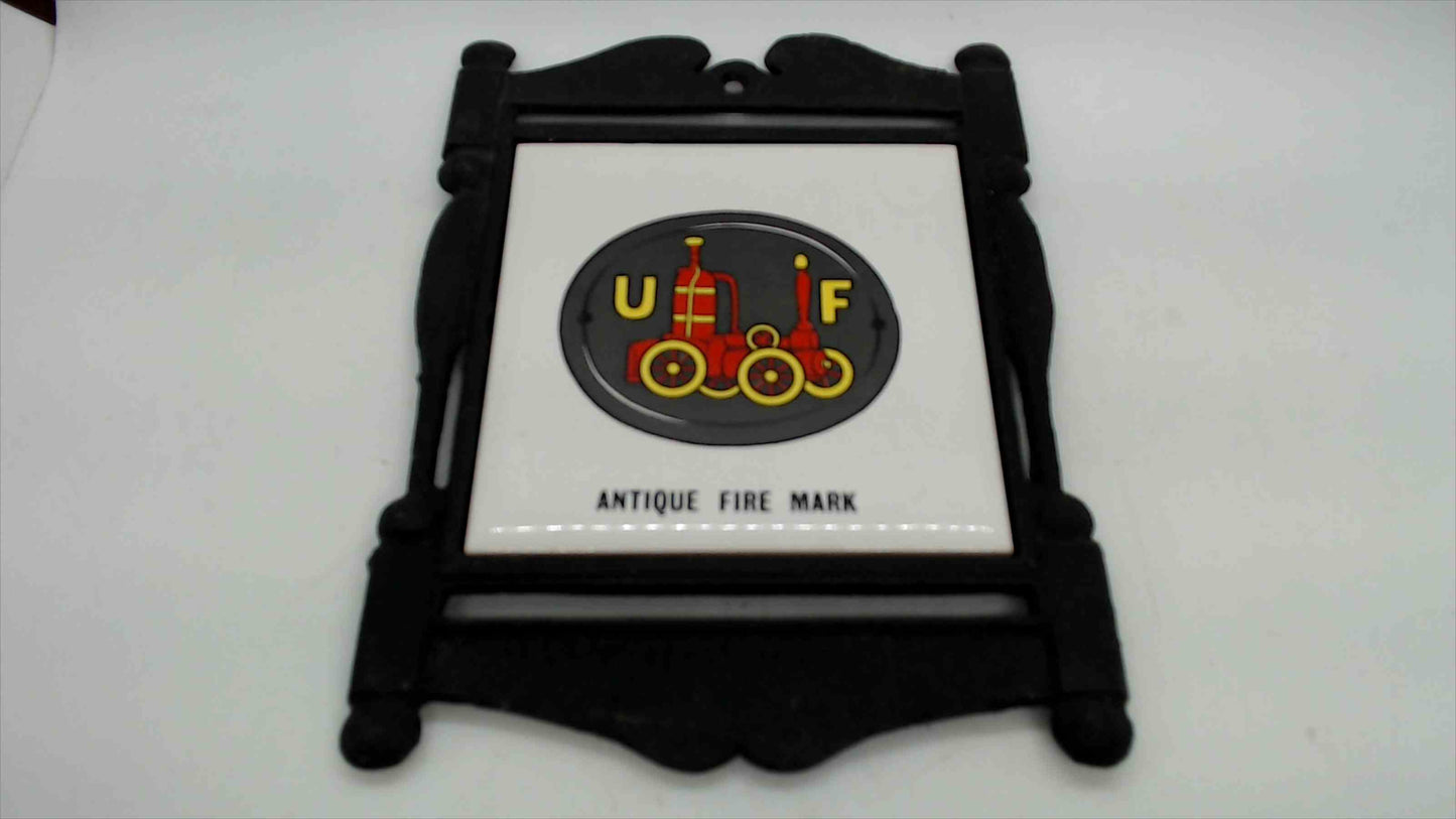 Vintage "Antique Fire Mark" Ceramic Tile Trivet in Cast Iron Frame, 7.5"×6.5" — Japan