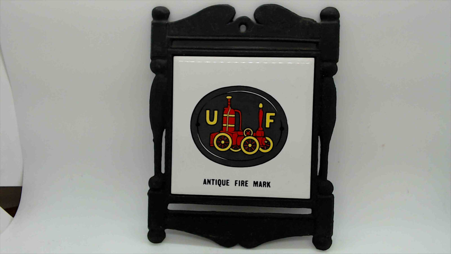 Vintage "Antique Fire Mark" Ceramic Tile Trivet in Cast Iron Frame, 7.5"×6.5" — Japan