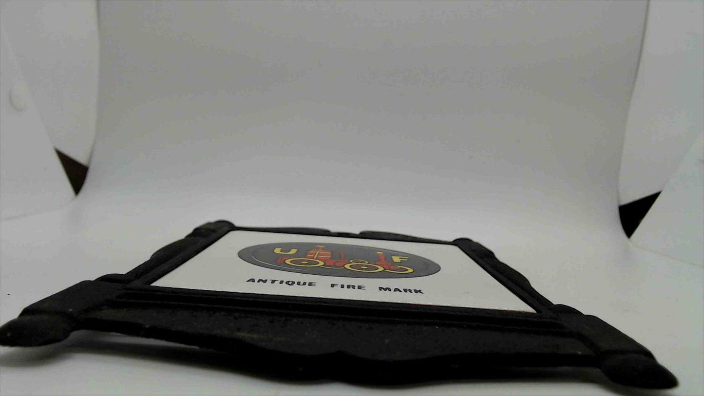 Vintage "Antique Fire Mark" Ceramic Tile Trivet in Cast Iron Frame, 7.5"×6.5" — Japan