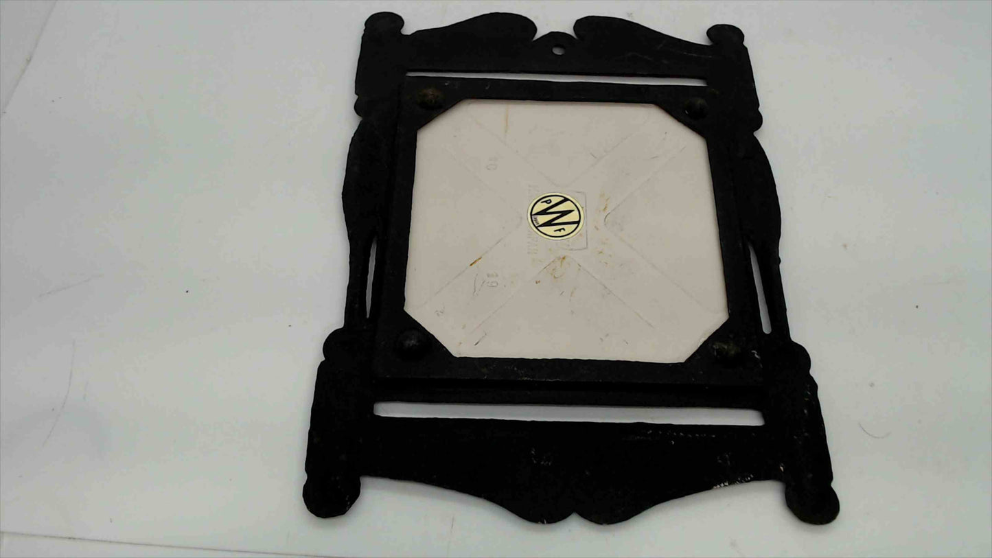 Vintage "Antique Fire Mark" Ceramic Tile Trivet in Cast Iron Frame, 7.5"×6.5" — Japan
