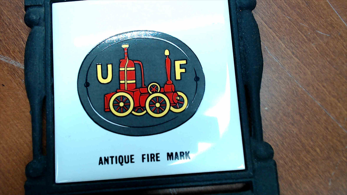 Vintage "Antique Fire Mark" Ceramic Tile Trivet in Cast Iron Frame, 7.5"×6.5" — Japan