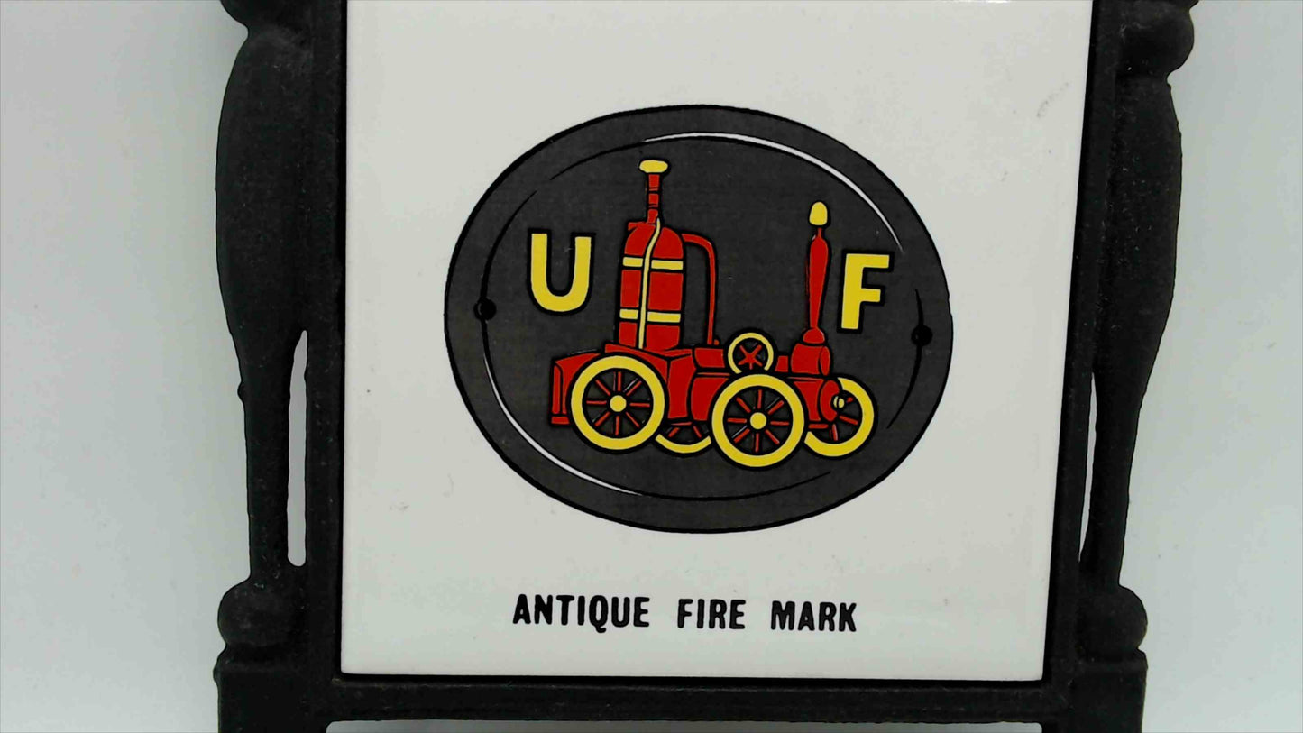 Vintage "Antique Fire Mark" Ceramic Tile Trivet in Cast Iron Frame, 7.5"×6.5" — Japan