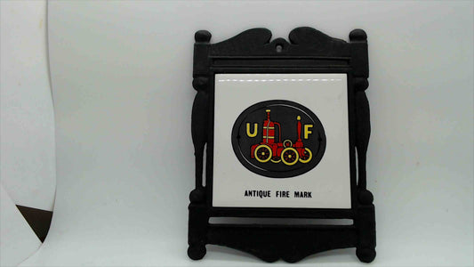 Vintage "Antique Fire Mark" Ceramic Tile Trivet in Cast Iron Frame, 7.5"×6.5" — Japan