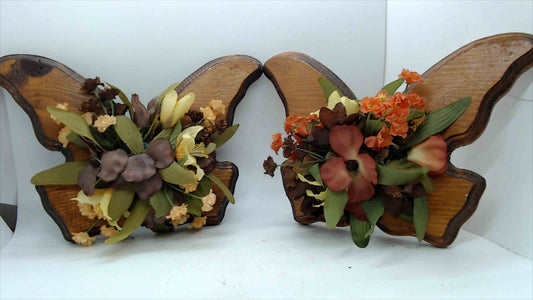 Pair of Vintage Wood Butterfly Wall Plaques with Silk Floral Arrangements, 10"×7" — Fall Décor