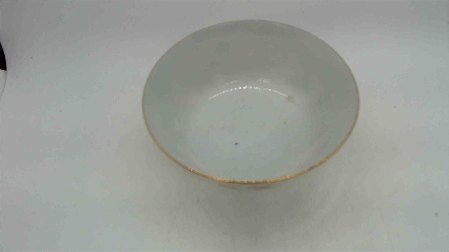Vintage Chinese Porcelain Rice Bowl, Gold & White with Phoenix and Clouds, 4.5"