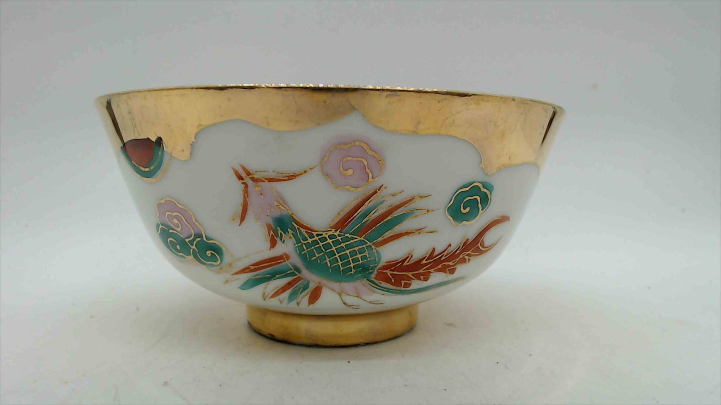 Vintage Chinese Porcelain Rice Bowl, Gold & White with Phoenix and Clouds, 4.5"