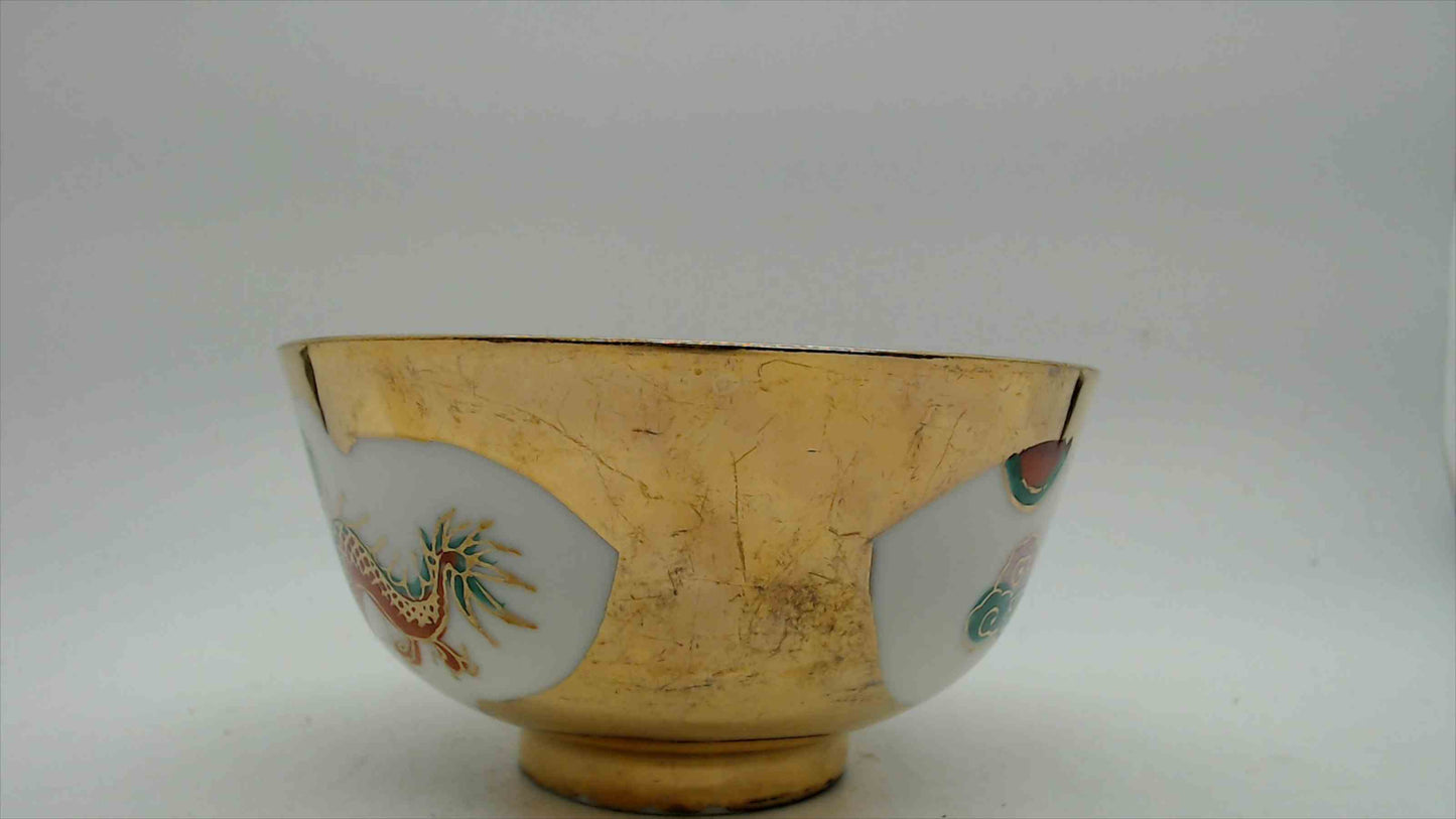 Vintage Chinese Porcelain Rice Bowl, Gold & White with Phoenix and Clouds, 4.5"