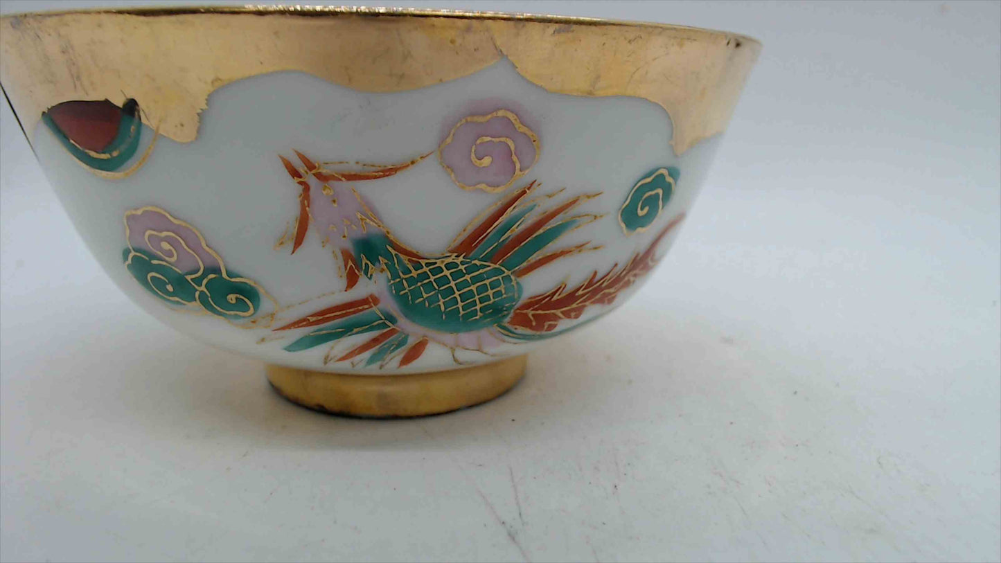 Vintage Chinese Porcelain Rice Bowl, Gold & White with Phoenix and Clouds, 4.5"