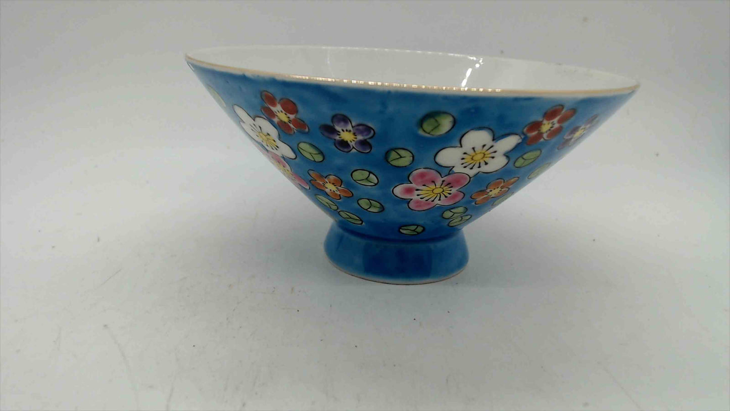 Vintage Chinese Porcelain Rice Bowl, Turquoise Blue with Plum Blossoms, 4.5"