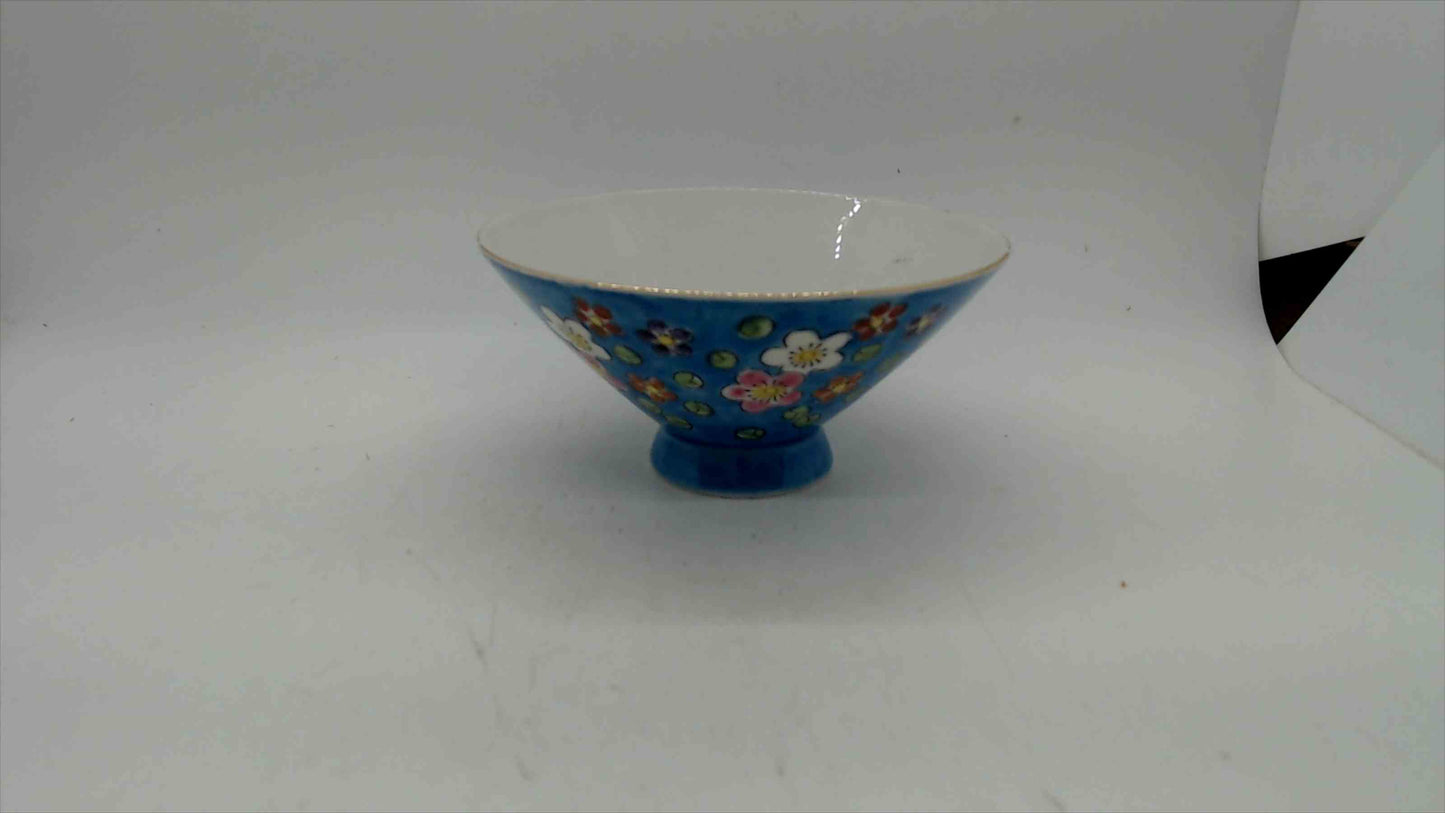 Vintage Chinese Porcelain Rice Bowl, Turquoise Blue with Plum Blossoms, 4.5"