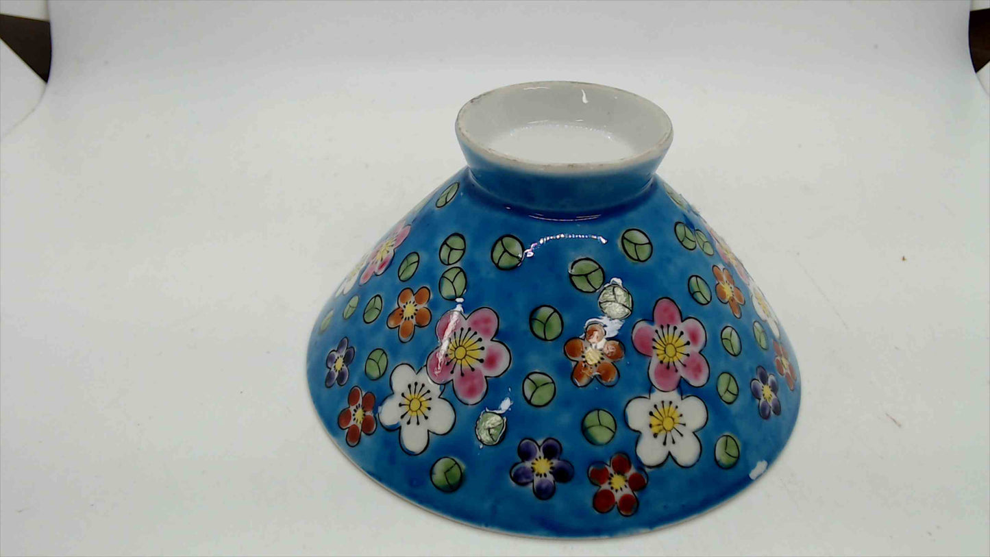 Vintage Chinese Porcelain Rice Bowl, Turquoise Blue with Plum Blossoms, 4.5"